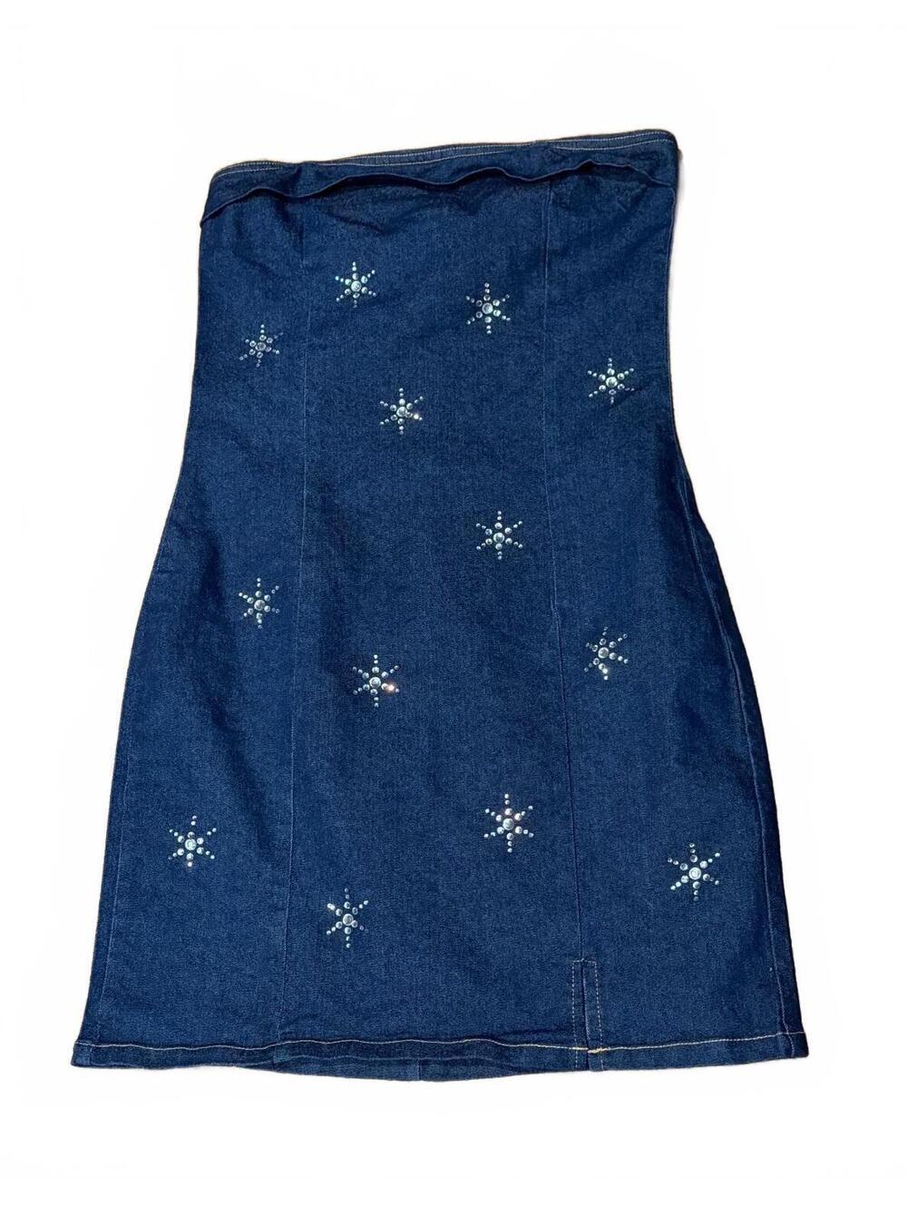 Hot Heels Strapless Denim Mini Dress Large Rhinestone Stars Western Patriotic
